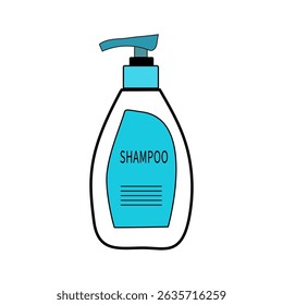 Shampoo bottle icon. Blue container vector. Pump dispenser top. Shampoo text label.