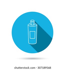 Shampoo bottle icon. Liquid soap sign. Blue flat circle button with shadow. Vector