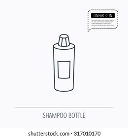 Shampoo bottle icon. Liquid soap sign. Linear outline icon. Speech bubble of dotted line. Vector