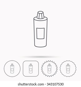 Shampoo bottle icon. Liquid soap sign. Linear circle, square and star buttons with icons.