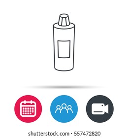 Shampoo bottle icon. Liquid soap sign. Group of people, video cam and calendar icons. Vector