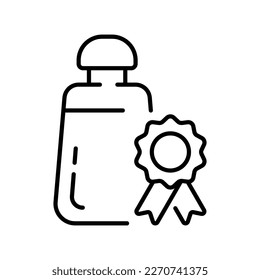 Shampoo bottle with insignia line icon. Scalp care, cosmetics, shower gel, hair balm, cleanser. Hygiene concept. Vector line icon on white background