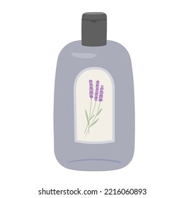 Shampoo bottle isolated on white background. Hand draw beauty hair care product with lavender. Herbal cosmetic flat vector illustration.