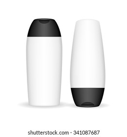 Shampoo bottle isolated on white background. Cosmetic container for liquid, lotion, bath foam. Beauty product package, vector illustration.