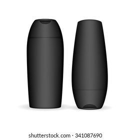 Shampoo bottle isolated on white background. Cosmetic container for liquid, lotion, bath foam. Beauty product package, vector illustration.