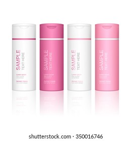 Shampoo bottle isolated on white background. Cosmetic container for liquid, lotion, bath foam. Beauty product package, vector illustration.