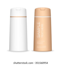 Shampoo bottle isolated on white background. Cosmetic container for liquid, lotion, bath foam. Beauty product package, vector illustration.