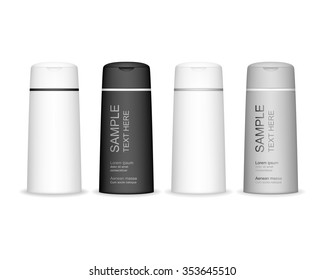Shampoo bottle isolated on white background. Cosmetic container for liquid, lotion, bath foam. Beauty product package, vector illustration.