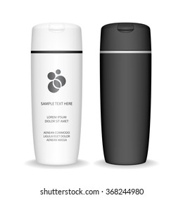 Shampoo bottle isolated on white background. Cosmetic container for liquid, lotion, bath foam. Beauty product package, vector illustration.