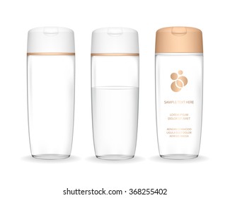 Shampoo bottle isolated on white background (transparent). Cosmetic container for liquid, lotion, bath foam. Beauty product package, vector illustration.