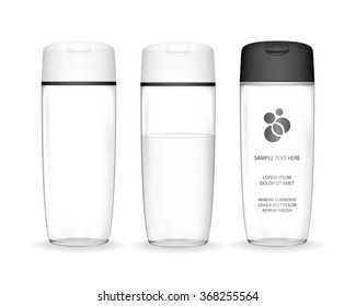 Shampoo bottle isolated on white background (transparent). Cosmetic container for liquid, lotion, bath foam. Beauty product package, vector illustration.