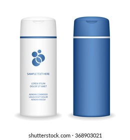 Shampoo bottle isolated on white background. Cosmetic container for liquid, lotion, bath foam. Beauty product package, vector illustration.