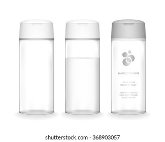 Shampoo bottle isolated on white background (transparent). Cosmetic container for liquid, lotion, bath foam. Beauty product package, vector illustration.