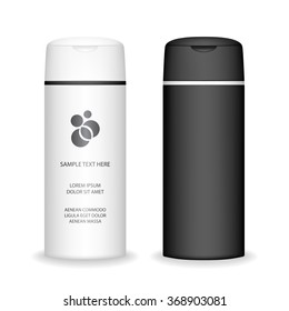 Shampoo bottle isolated on white background. Cosmetic container for liquid, lotion, bath foam. Beauty product package, vector illustration.