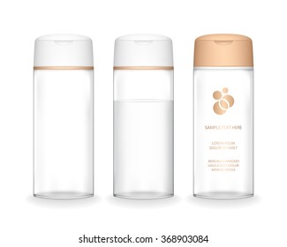 Shampoo bottle isolated on white background (transparent). Cosmetic container for liquid, lotion, bath foam. Beauty product package, vector illustration.