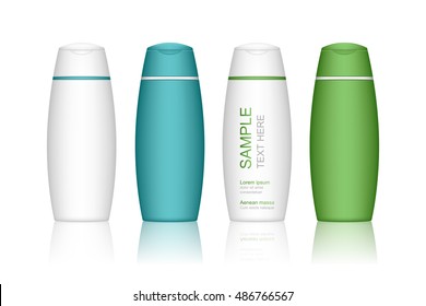 Shampoo bottle isolated on white background. Cosmetic container for liquid, lotion, bath foam. Beauty product package, vector illustration.
