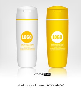 Shampoo bottle isolated on white background. Cosmetic container for liquid, lotion, bath foam. Beauty product package, vector illustration.