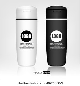 Shampoo bottle isolated on white background. Cosmetic container for liquid, lotion, bath foam. Beauty product package, vector illustration.