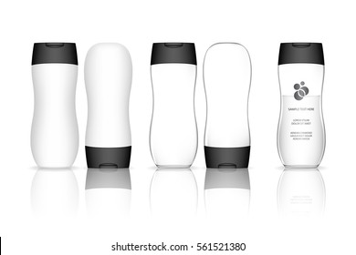 Shampoo bottle isolated on white background (transparent). Cosmetic container for liquid, lotion, bath foam. Beauty product package, vector illustration.