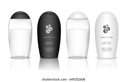 Frasco de champú aislado sobre fondo blanco (transparente). Recipiente estético para líquido, loción, espuma de baño. Paquete de producto de belleza, ilustración vectorial.