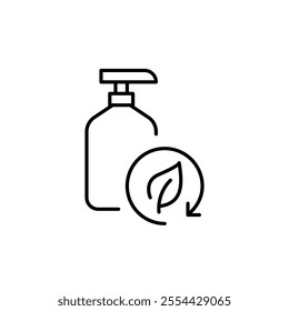 Shampoo bottle and leaf in recycling arrow. Sustainable hair care, nature-inspired beauty. Pixel perfect vector icon