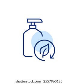 Shampoo bottle and leaf in recycling arrow. Sustainable hair care, nature-inspired beauty. Pixel perfect, editable stroke icon