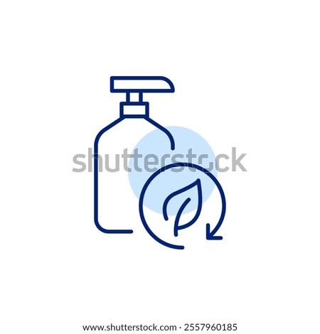 Shampoo bottle and leaf in recycling arrow. Sustainable hair care, nature-inspired beauty. Pixel perfect, editable stroke icon