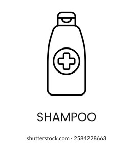 A shampoo bottle with a medical cross icon in vector, symbolizing medicated shampoo, with an editable stroke.