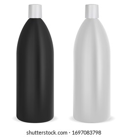 Shampoo bottle set. Black and white plastic mockup package. Realistic 3d cosmetic container for hair or skin care product. Oval tube bath collection mockup. Health and beauty pack template