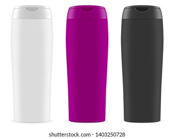 Shampoo Bottle Set. Cosmetic Package Product Blank. Plastic Container for Beauty Lotion, Liquid Gel, Moisturizer. Hair Care Collection. Clean Packaging Template. Vector Illustration.