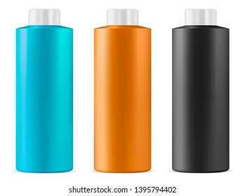 Shampoo bottle set. White background. Cosmetic package collection for cream, soups, foams, shampoo. 3d Collection of Product Container Design. Vector illustration.