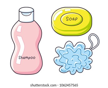 Shampoo bottle, soap bar and soft bath puff isolated.