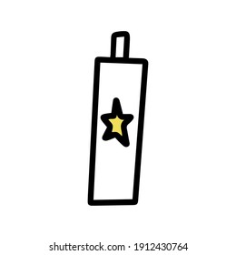 Botella de champú con estrella. Vector de moda Doodle. Resaltar el fondo de la cubierta. Icono de belleza.
