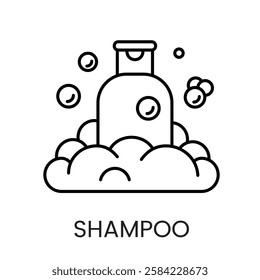 A shampoo bottle surrounded by foam and bubbles icon in vector, symbolizing cleanliness and hair care, with an editable stroke.