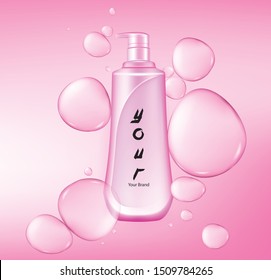 Shampoo bottle .Vector realistic spray illustration. Cosmetic bottle and water drops 