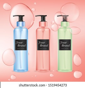 Shampoo bottle .Vector realistic spray illustration. Cosmetic bottle and water drops 