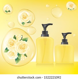 Shampoo bottle .Vector realistic spray illustration. Cosmetic bottle and water drops  yellow rose.