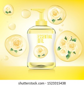 Shampoo bottle .Vector realistic spray illustration. Cosmetic bottle and water drops  yellow rose.