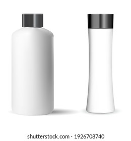 Shampoo Bottle. White Cosmetic Package Mockup Blank. Hair Beauty Container, 3d Pack Isolated. Bathroom Gel Collection Design, Realistic Illustration. Lotion Tube, Shower Liquid, Medical Hygiene