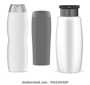 Frasco de champú, envase de plástico blanco, diseño vectorial 3d. Colección de tubos cosméticos ovalados para gel corporal, leche, higiene de baño. Embalaje de productos de belleza en blanco, recogida de cuidados de baño