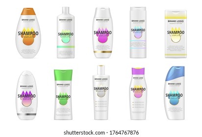 Botellas de champú, frascos de varias formas maquetas realistas montadas. Diseño preparado para su marca. Colección de plantillas de empaquetado de productos para el cuidado del pelo. Botellas de champú vectorial aisladas en fondo blanco.