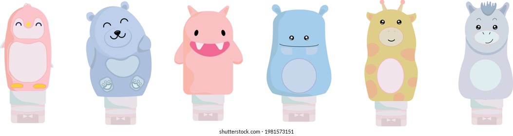 Shampoo bottles, hand cream package set of cute animals for children's room, packaging of children's goods, penguin, cow, monster, alien, donkey, creative cartoon characters