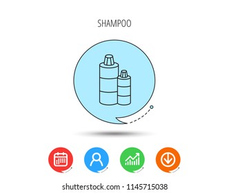 Shampoo bottles icon. Liquid soap sign. Calendar, User and Business Chart, Download arrow icons. Speech bubbles with flat signs. Vector