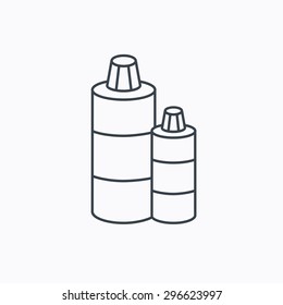 Shampoo bottles icon. Liquid soap sign. Linear outline icon on white background. Vector
