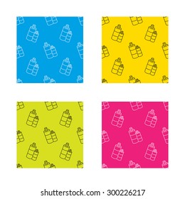 Shampoo bottles icon. Liquid soap sign. Textures with icon. Seamless patterns set. Vector