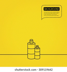 Shampoo bottles icon. Liquid soap sign. Speech bubble of dotted line. Orange background. Vector