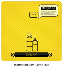 Shampoo bottles icon. Liquid soap sign. Chat speech bubbles. Orange line background. Vector