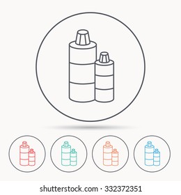 Shampoo bottles icon. Liquid soap sign. Linear circle icons.