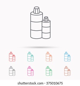 Shampoo bottles icon. Liquid soap sign. Linear icons on white background.