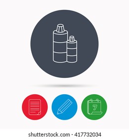 Shampoo bottles icon. Liquid soap sign. Calendar, pencil or edit and document file signs. Vector